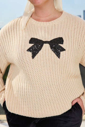 HY8339 Ivory Womens Low Gauge Sweater with Sequin Bow Patch Front